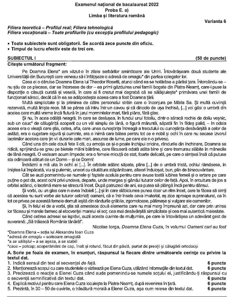 BAC 2022: Ce subiecte au primit elevii la Limba și literatura română – foto 2