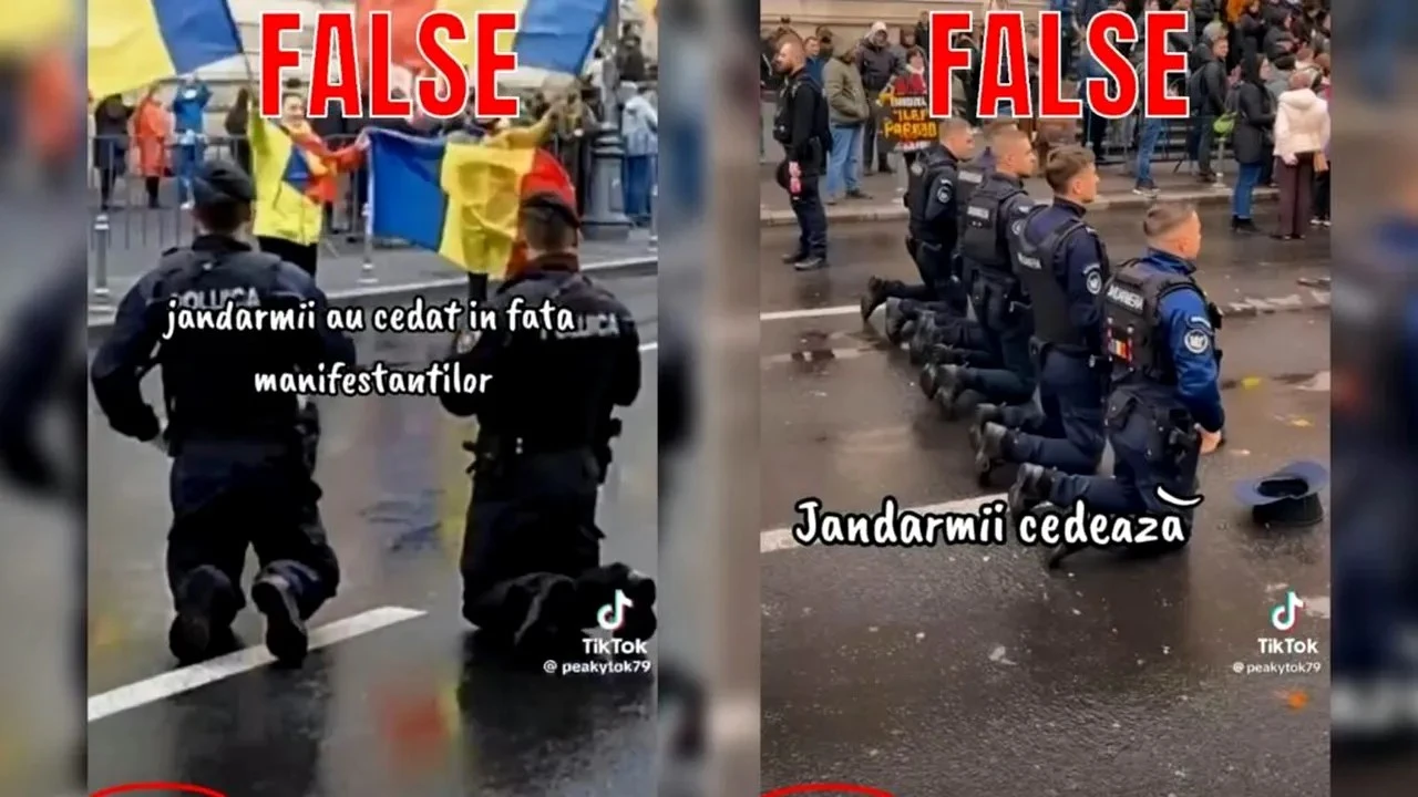 Jandarmeria Română avertizează asupra unor imagini false cu jandarmi îngenuncheați în fața protestatarilor